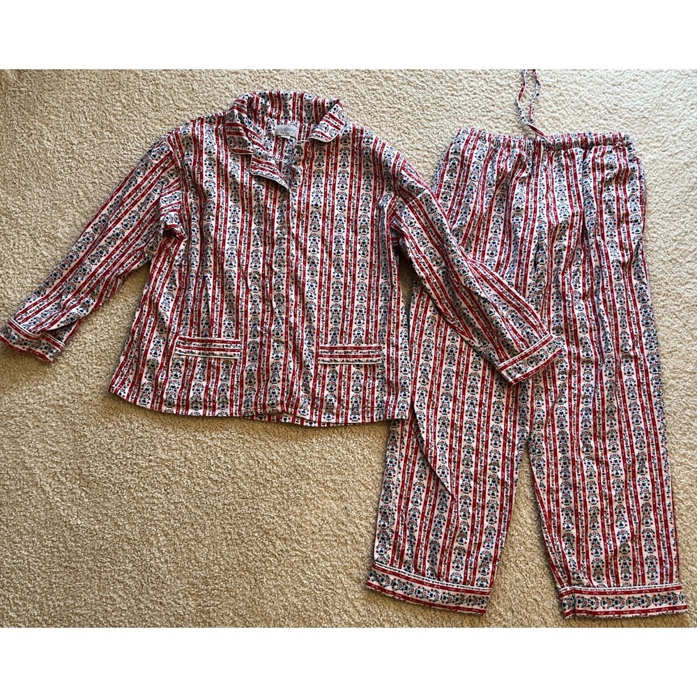 Lanz of Salzburg Tyrolean Flannel Pajama Set Red & Blue Hearts Women L 14-16